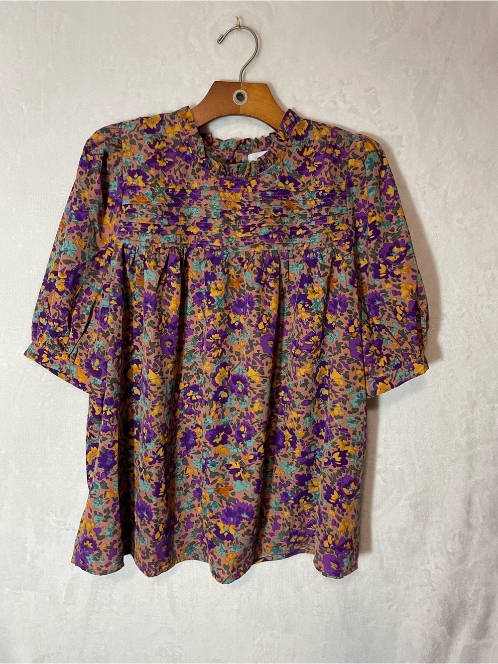 Floral Pintuck Peasant Blouse in Purple and Tan